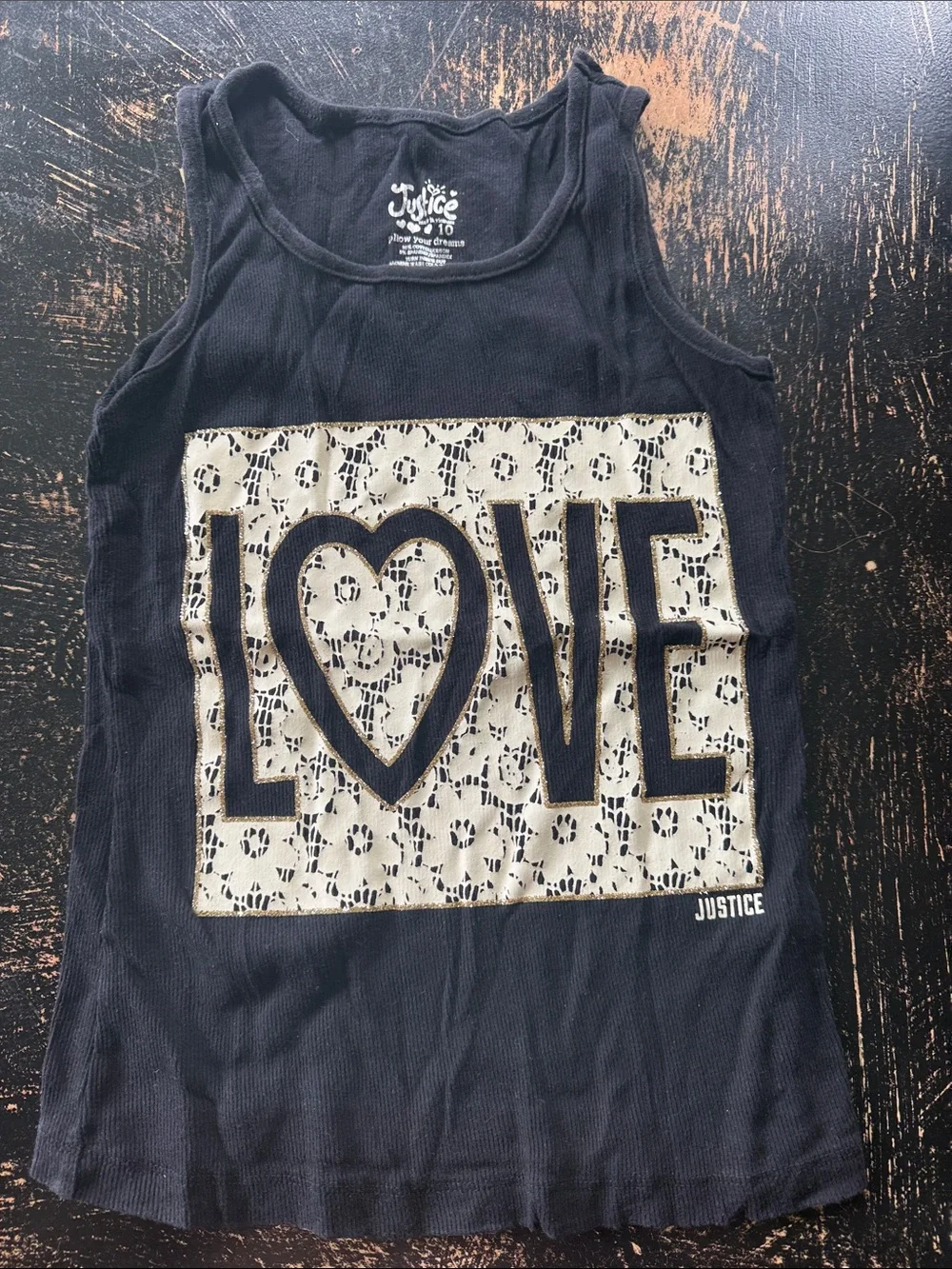 Justice Black Tank Top with Cream Lace 'LOVE' Panel